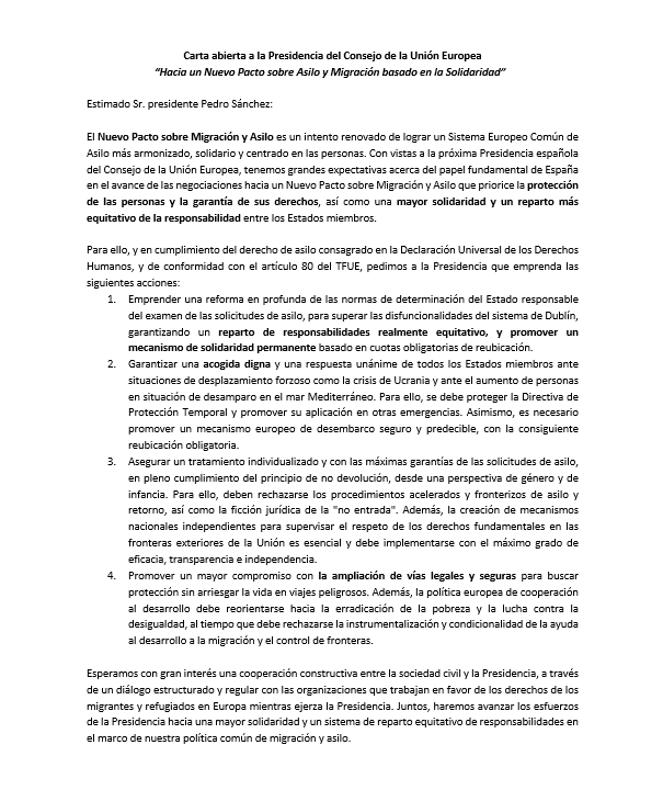 Carta Sr.presidente Pedro Sánchez con propuestas para la presidencia española del Consejo UE Carta presidente - España - consejo UE - propuestas - CEAR
